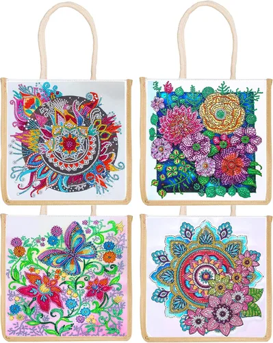 Miniatura 12 de DOOSAI Paquete de 4 bolsas de lona de cabello verde rojo de tacón alto con diamantes de tacón alto, bolsas de lona bohemias 5D para bricolaje