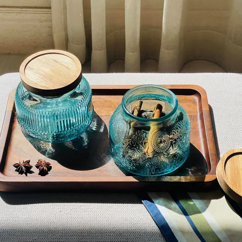 Miniatura 3 de Tarro decorativo de vidrio azul con tapa de madera hermética de 25.4 onzas, 2 piezas, boca ancha, recipientes de almacenamiento de alimentos
