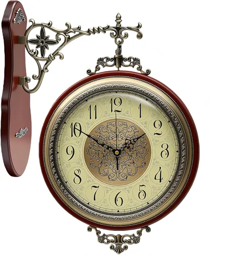 Miniatura 9 de Reloj de pared grande vintage de doble cara con cristal y metal, números romanos y árabes, silencioso sin tictac, funciona con pilas, reloj antiguo