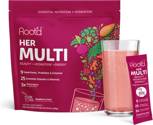 Root'd - Polvo multivitamínico con 3X electrolitos para mujeres - 25 vitaminas y minerales, 3X electrolitos, 9 superalimentos orgánicos, probióticos