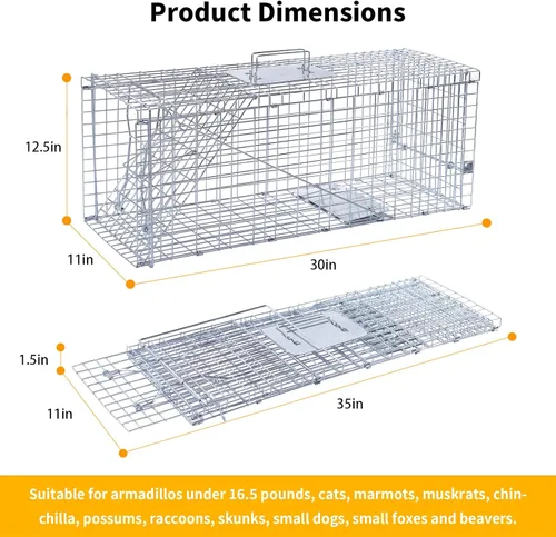 Miniatura 2 de Trampas plegables de 32" para animales vivos, trampa humana para animales para gatos callejeros de hasta 16.5 libras, mapaches, ardillas, zorrillos