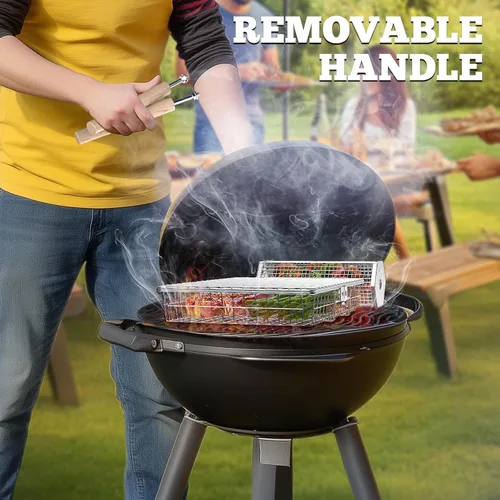 Miniatura 5 de Ivtivfu Juego de cesta para parrilla, mango de madera removible, acero inoxidable 304, herramientas de barbacoa con ruedas, accesorios para parrilla