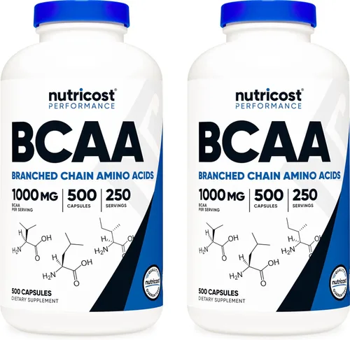 Nutricost BCAA 1000 mg, 500 cápsulas (250 serv), aminoácidos de cadena ramificada 2:1:1 (500 mg de L-leucina, 250 mg de L-isoleucina y L-valina) (2