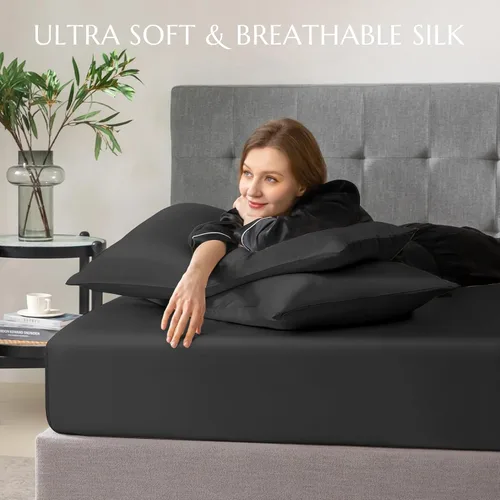Miniatura 7 de THXSILK Juego de sábanas bajeras de 100% seda de morera, 3 piezas de seda 7A+, transpirable, suave, sábana bajera de 16 pulgadas de profundidad, 2