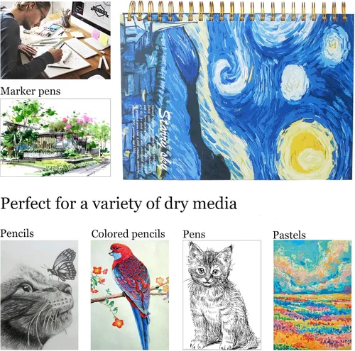 Miniatura 6 de Starry Night Aesthetic Art Mix - Cuaderno de bocetos de papel grueso sin ácidos, 98 libras/5.64 oz/m², 1 paquete de cuaderno A4 con espiral en Noche