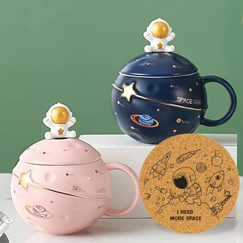 Miniatura 7 de Yalucky Taza Kawaii de astronauta con diseño de planeta en relieve del espacio, bonita taza de café de cerámica, taza novedosa con tapa y cuchara