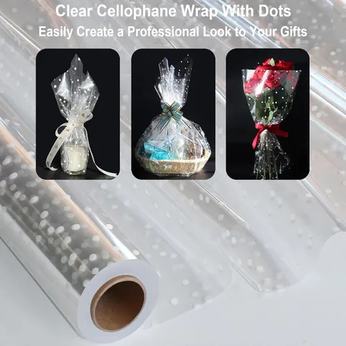 Miniatura 4 de Rollo de celofán transparente extra ancho de 100 pies x 34 pulgadas con punto blanco irregular, rollo de celofán más grueso transparente, cestas