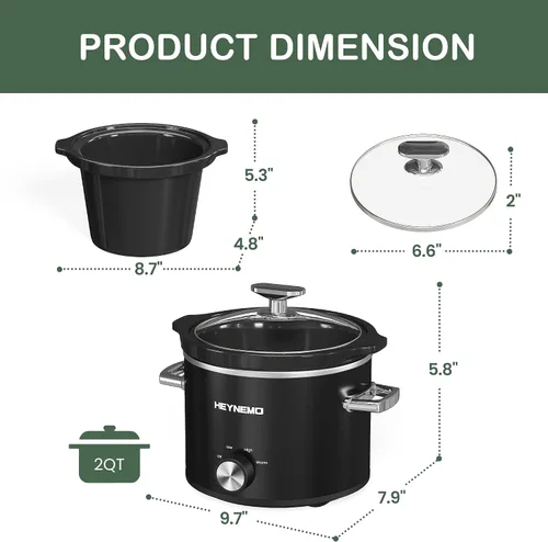 Miniatura 7 de HEYNEMO Olla de cocción lenta pequeña de 2 cuartos de galón, 3 temperaturas ajustables, olla de cerámica mejorada, fácil limpieza, reducción
