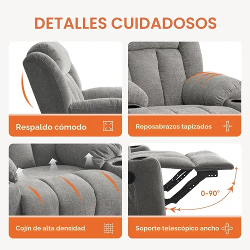 Miniatura 6 de Ketaiyou - Silla reclinable giratoria para adultos, sillón deslizante manual grande y acolchado con masaje y calor, cómodo sofá reclinable de tela