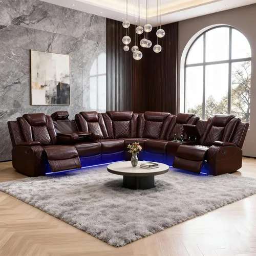 Miniatura 10 de Juego de sofá reclinable eléctrico, juegos de muebles de sala de estar, juego de sofá modular de cuero con luces LED, portavasos, consola