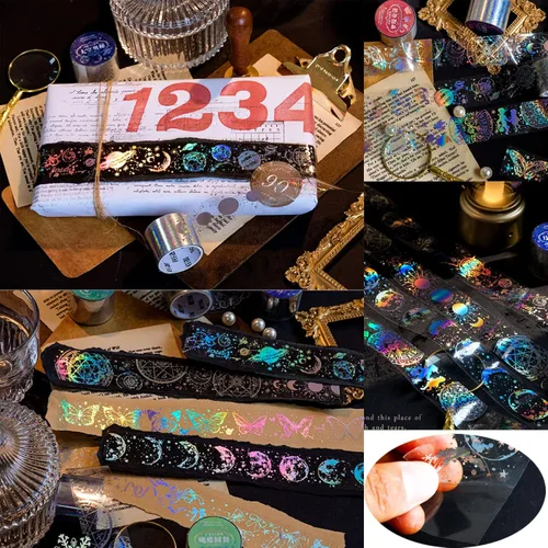 Miniatura 7 de 4 rollos de cinta holográfica vintage holográfica de mariposa astronomía PET adhesivos de resina impermeables transparentes brillantes