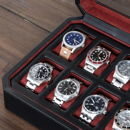 Miniatura 4 de ROTHWELL Caja de reloj de cuero con 12 ranuras, organizador de lujo para relojes, forro de microgamuza, soporte para relojes de joyería para hombre