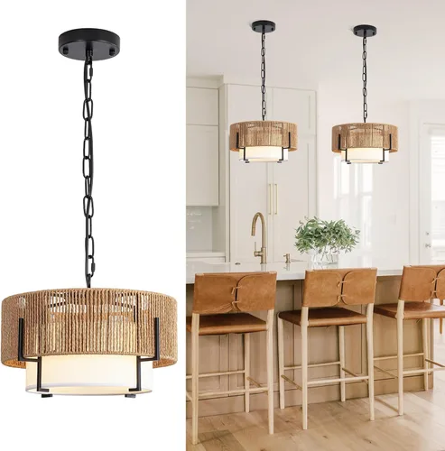 Miniatura 16 de Lámpara Colgante de Ratán, Candelabro Boho de 12.6" con Pantalla de Tela, Lámpara Colgante Estilo Granja Candelabro para Comedor, Sala de Estar