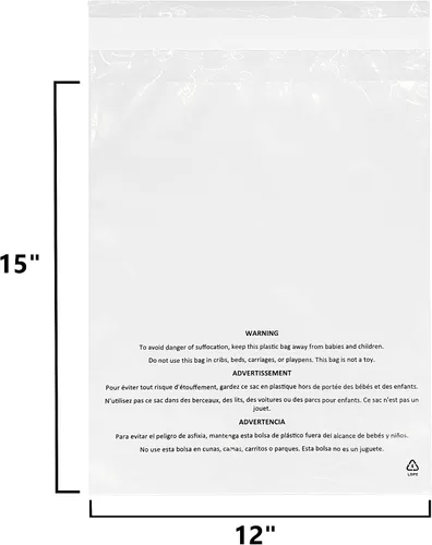 Miniatura 2 de Bolsas de polietileno transparente autosellantes de 12 x 15 pulgadas (200 unidades) con advertencia de asfixia, adhesivo permanente, cumple