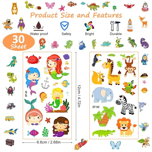 Miniatura 5 de Habett Tatuajes para niños, más de 300 estilos mixtos de tatuajes temporales, juego de calcomanías para niñas y niños, dinosaurios espaciales