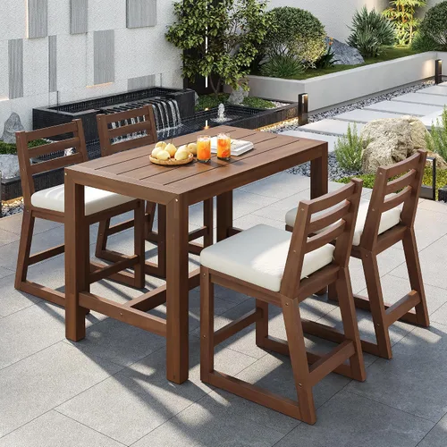 Miniatura 23 de Quarte Moderno juego de comedor de patio al aire libre de 5 piezas, juego de barra de mimbre de ratán de polietileno para jardín, 4 sillas de altura