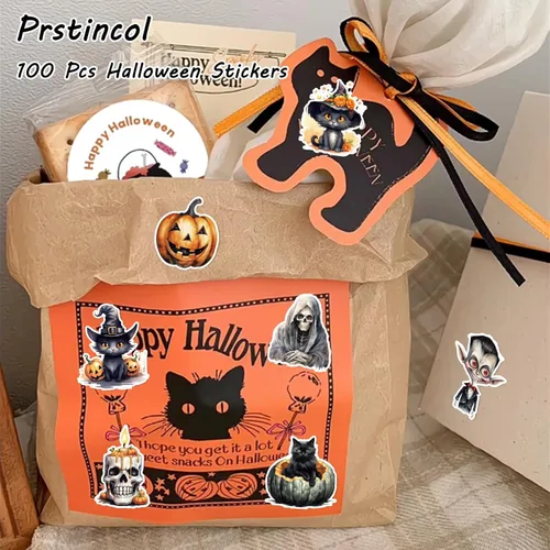 Miniatura 7 de 100 calcomanías de gato negro y bruja, calcomanías de calabaza horrible para álbumes de recortes, diario basura, collages, recuerdos de fiesta