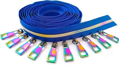 Miniatura 12 de Cremallera por Yarda 5# - Bobina Metálica de Nailon para Coser, Tapicería Plateada de 5 Yardas con 10 Tiradores de Oro Blanco para Manualidades
