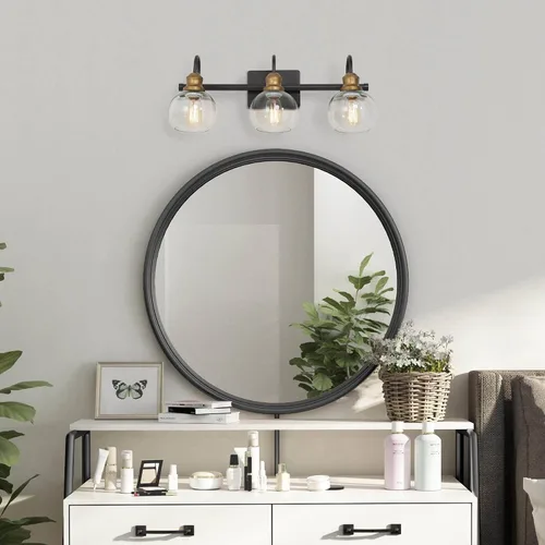 Miniatura 2 de KSANA Luminaria de Baño Estilo Granja, Lámpara de Tocador Moderna Negro Dorado de 3 Luces con Pantalla de Vidrio Transparente Abierta, Lámpara