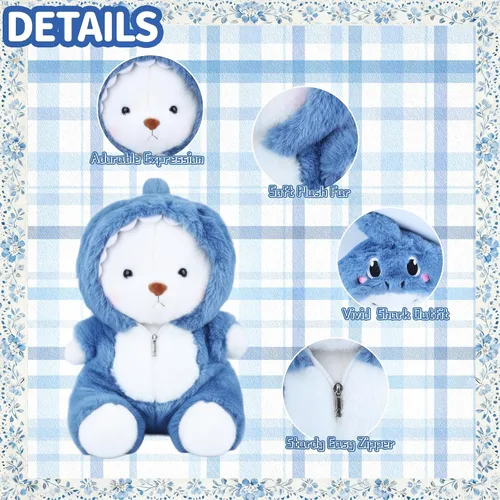 Miniatura 4 de Animales de Peluche Oso de Peluche, Peluches Oso de Peluche Juguetes Suaves y Divertidos de Peluche con Ropa de Tiburón Azul Removible, 13'' Figura