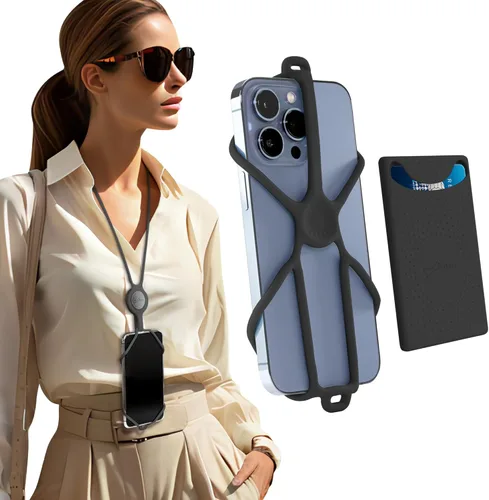BONE Lanyard - Correa para teléfono celular con ranura para tarjeta y bolsillo, cordón de silicona ajustable, soporte universal para iPhone