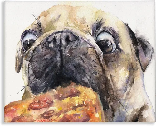 Stupell Industries George Dyachenko - Pintura de acuarela de animales de mascota divertida de Pug and Pizza, arte en lienzo, 20 x 16 pulgadas, fácil