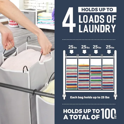 Miniatura 4 de STO STO Cesta clasificadora de ropa de 4 secciones, 4 bolsas, cesta de lavandería con ruedas resistentes con cerradura y bolsa extraíble para Gris