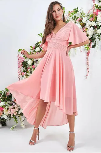 Miniatura 5 de High Low Bridesmaid Dresses 2023 V Neck Flutter Sleeves Formal Party Dress with Pockets