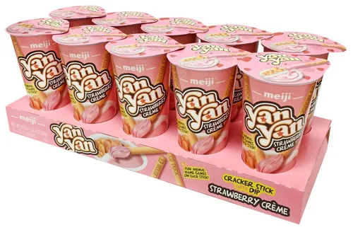 Meiji Yan Yan - Palitos de inmersión, crema de fresa, 2 onzas, paquete de 10 unidades, palitos de galletas con frases divertidas de animales