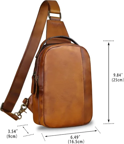 Miniatura 4 de LRTO Bolso de cuero genuino para hombres y mujeres, mochila bandolera de cuero real para el pecho, bolso cruzado, Marrón, Mochilas Sling