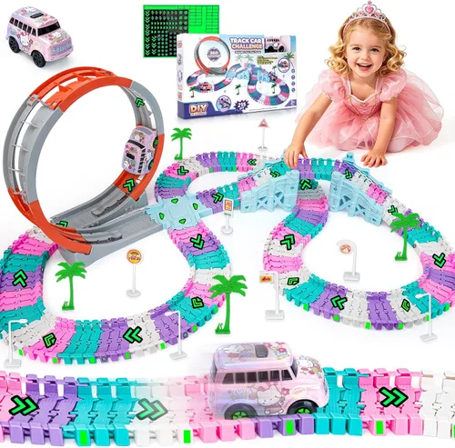 Miniatura 11 de 157 PCS Construction Race Tracks for Kids, Glow in The Dark Magic Toy Set with 360° Loop Ramp, 1 Light Up Car, 3 Construction Cars, Flexible DIY