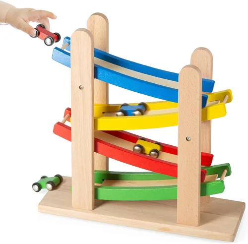 Miniatura 4 de Play22 Rampas de madera para autos de carrera, 4 niveles, pista de carreras incluye 4 autos de juguete de madera, My First Baby Toys - El juego