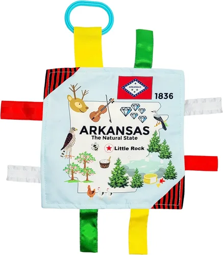 Baby Jack & Co - Cochecito de juguete para bebés de 8 x 8 pulgadas con etiqueta del estado de Arkansas, juguetes arrugados para desarrollar cinco