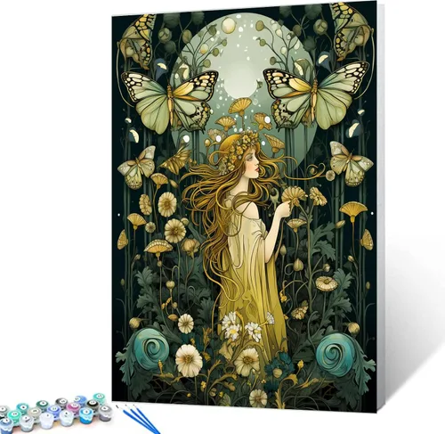 Tucocoo Nature Girl - Kit de pintura por números con pinceles y pigmento acrílico sobre lienzo para adultos, diseño de mariposas y flores, para