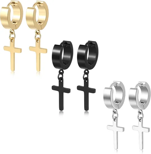 TXPFF - 3 pares de aretes con cruz colgante para hombre y mujer de acero inoxidable arracadas para hombre y mujer plata oro negro