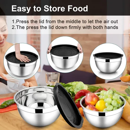 Miniatura 7 de E-far Tazones para mezclar con tapas, juego de 6 piezas de tazones para ensalada de acero inoxidable, tazones de metal anidables para hornear, Negro