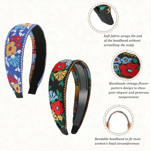 Miniatura 6 de Geosar Paquete de 9 diademas bordadas bohemias para mujer, bohemia, floral, hechas a mano, anchas, estilo étnico, estilo étnico, turbante