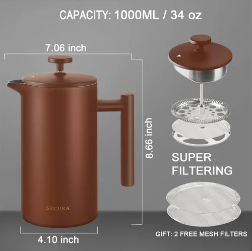 Miniatura 3 de Secura Cafetera de prensa francesa, prensa de café aislada de acero inoxidable de grado 304 con 2 pantallas adicionales, 34 onzas (1 litro), café