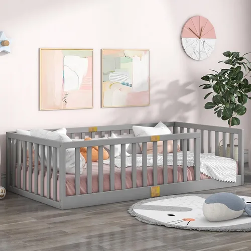 Miniatura 14 de Tatub Cama Montessori de suelo individual con rieles altos, marco de cama Montessori de madera maciza para niños, la puerta se puede instalar a Gris