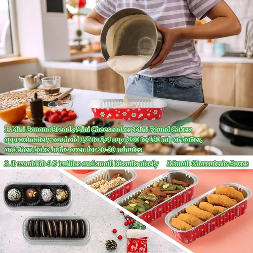 Miniatura 7 de Paquete de 100 mini moldes para pan de Navidad con tapas, mini moldes para pasteles con tapas y cucharas, moldes de papel de aluminio de 6.8 onzas