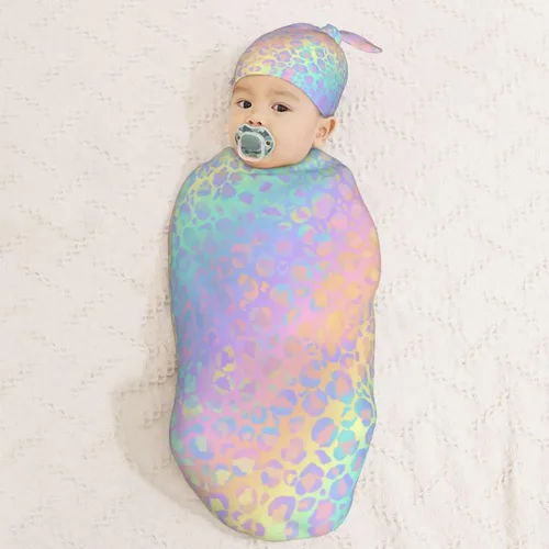 Miniatura 8 de Juego de mantas holográficas de leopardo para recién nacidos, manta de recepción suave para bebé, saco de envoltura para baby shower, regalo