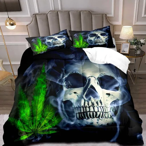 Miniatura 10 de LUVIVIHOME Juego de edredón de 3 piezas de calavera, tamaño King, negro, cuervo, murciélago, telaraña, esqueleto, gótico, calavera, blanco