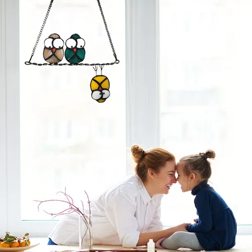 Miniatura 5 de Panel de Atrapasoles de Vidrio Vitral Multicolor con Búhos en un Alambre, Atrapasueños de Pájaros para Ventanas, Puertas, Habitación, Decoración
