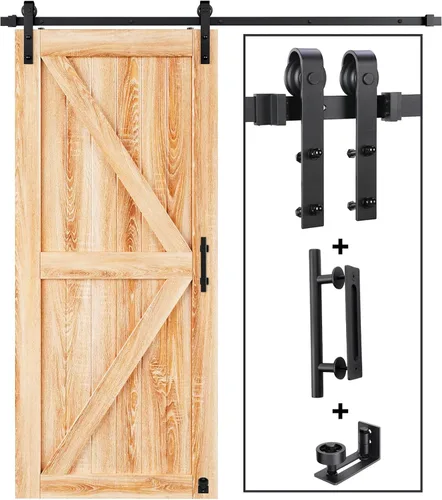 Miniatura 12 de EaseLife Kit de herrajes para manija y riel de puerta corrediza de granero de 5.5 pies, polea en J básica, se desliza suavemente silenciosamente