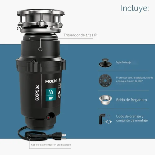 Miniatura 5 de Moen Prep Series PRO GXP50C - Triturador de basura compacto de alimentación continua para fregadero de cocina con cable de alimentación