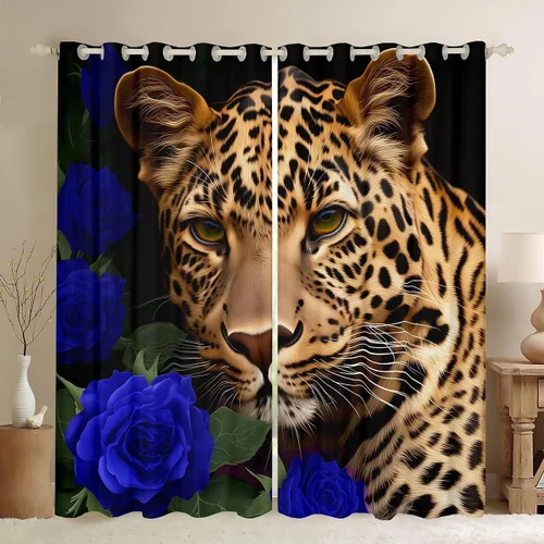 Miniatura 25 de Erosebridal Cortinas de Rosas Rojas 3D Tratamientos para Ventanas de Guepardo, Paneles de Cortinas con Estampado de Gato Leopardo para Sala