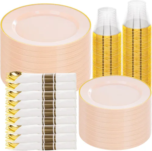 Miniatura 9 de SUT Juego de vajilla de plástico negro y dorado de 175 piezas para 25 invitados, incluye: 25 platos llanos, 25 platos de postre, 25 servilletas