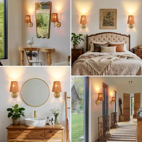 Miniatura 8 de Juego de 2 apliques de pared bohemios que funcionan con pilas, con pantalla de ratán dorado, luces de pared inalámbricas con bombillas recargables