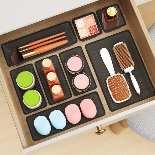 Miniatura 8 de ElegantArray Juego de organizador de cajones de 12 piezas, 4 tamaños, organizador de tocador de plástico versátil para maquillaje, papelería, Negro