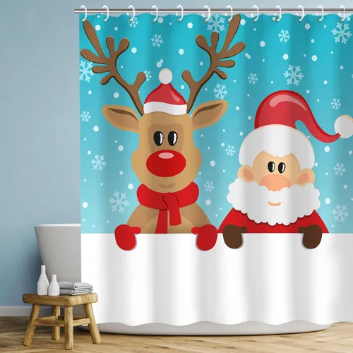 Miniatura 3 de LIVILAN Cortina de ducha de Navidad, diseño de Papá Noel y reno con 12 ganchos, cortina de baño decorativa de Navidad de tela de dibujos animados